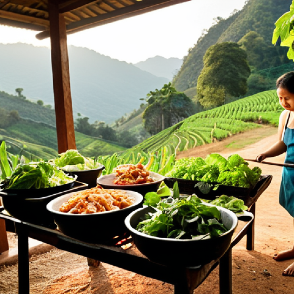 **Prompt:** A cozy outdoor homestay in a mountain valley in Chiang Rai, Thailand. A person is happily picking fresh organic vegetables like lettuce, sweet basil, and eggplant from a garden. In the background, a rustic charcoal grill is being set up, with a basket of fresh local pork belly and free-range chicken. The scene emphasizes natural, wholesome ingredients and the hands-on process of preparing food. Golden hour lighting, warm and inviting.