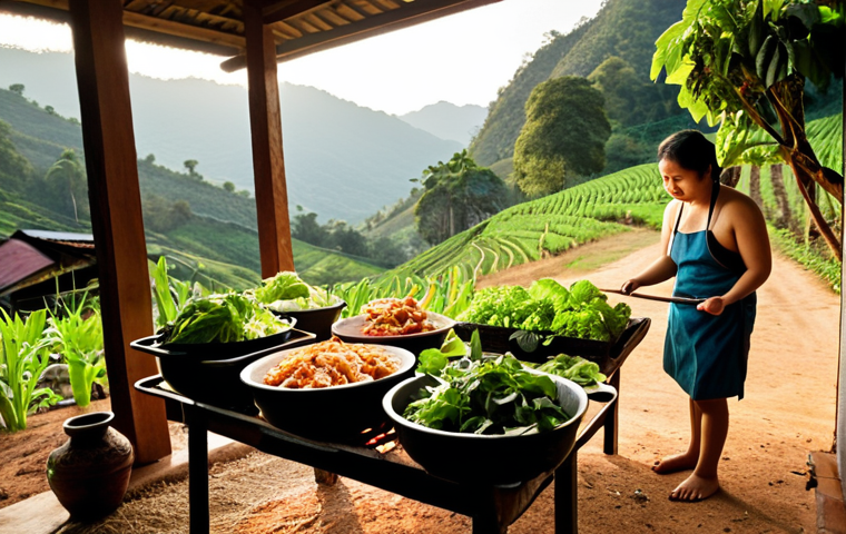**Prompt:** A cozy outdoor homestay in a mountain valley in Chiang Rai, Thailand. A person is happily picking fresh organic vegetables like lettuce, sweet basil, and eggplant from a garden. In the background, a rustic charcoal grill is being set up, with a basket of fresh local pork belly and free-range chicken. The scene emphasizes natural, wholesome ingredients and the hands-on process of preparing food. Golden hour lighting, warm and inviting.