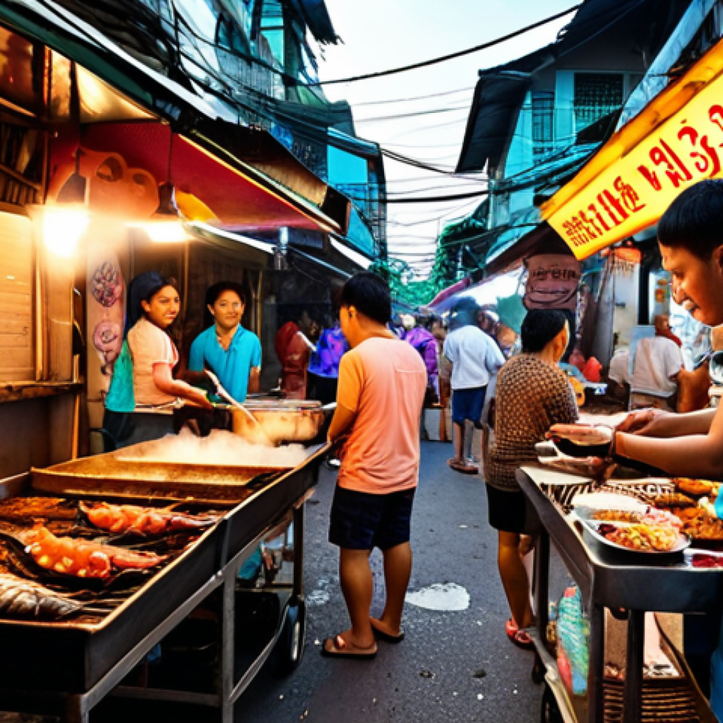 **

A vibrant street food scene in Bangkok. Focus on a vendor grilling seafood, with lots of colorful signs in Thai script. Show a mix of locals and tourists enjoying the food. Emphasize the delicious-looking food and the lively atmosphere, maybe include some tuk-tuks in the background. The feeling should be busy and exciting.

**