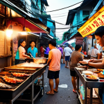**

A vibrant street food scene in Bangkok. Focus on a vendor grilling seafood, with lots of colorful signs in Thai script. Show a mix of locals and tourists enjoying the food. Emphasize the delicious-looking food and the lively atmosphere, maybe include some tuk-tuks in the background. The feeling should be busy and exciting.

**