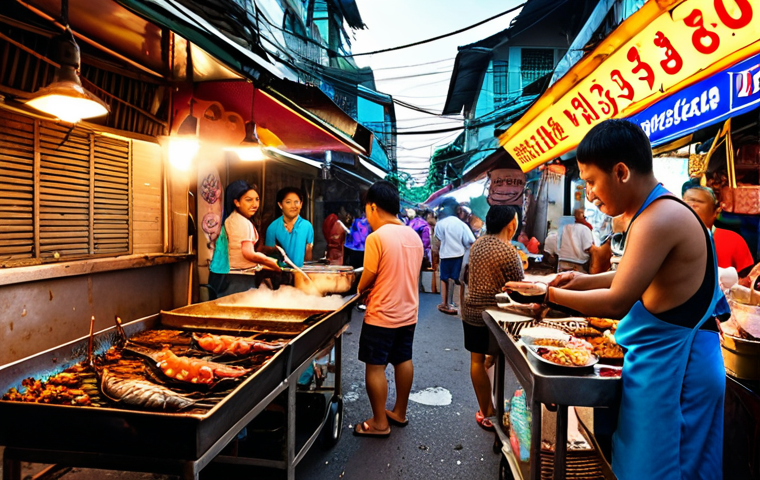 **

A vibrant street food scene in Bangkok. Focus on a vendor grilling seafood, with lots of colorful signs in Thai script. Show a mix of locals and tourists enjoying the food. Emphasize the delicious-looking food and the lively atmosphere, maybe include some tuk-tuks in the background. The feeling should be busy and exciting.

**