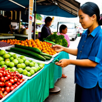A professional travel photographer, fully clothed in modest, comfortable attire, carefully composing a shot within a bustling, vibrant Thai local morning market. The market is filled with an array of colorful fresh fruits, vegetables, fragrant spices, and beautifully arranged traditional Thai snacks on clean, organized stalls. Local vendors in appropriate, modest clothing are engaged in friendly interactions with customers. The scene is bathed in soft, natural morning light, capturing the authentic cultural essence and lively atmosphere. safe for work, appropriate content, fully clothed, professional, perfect anatomy, correct proportions, natural pose, well-formed hands, proper finger count, natural body proportions, professional photography, high resolution, professional dress.