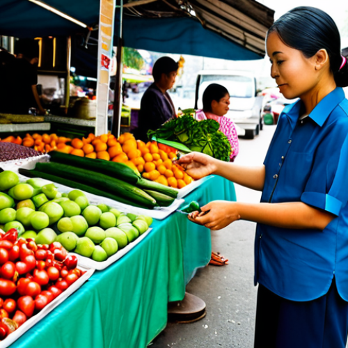 A professional travel photographer, fully clothed in modest, comfortable attire, carefully composing a shot within a bustling, vibrant Thai local morning market. The market is filled with an array of colorful fresh fruits, vegetables, fragrant spices, and beautifully arranged traditional Thai snacks on clean, organized stalls. Local vendors in appropriate, modest clothing are engaged in friendly interactions with customers. The scene is bathed in soft, natural morning light, capturing the authentic cultural essence and lively atmosphere. safe for work, appropriate content, fully clothed, professional, perfect anatomy, correct proportions, natural pose, well-formed hands, proper finger count, natural body proportions, professional photography, high resolution, professional dress.