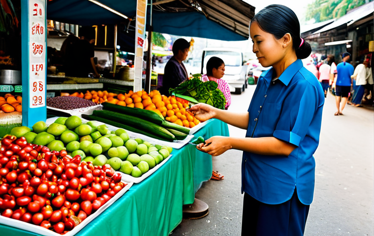 A professional travel photographer, fully clothed in modest, comfortable attire, carefully composing a shot within a bustling, vibrant Thai local morning market. The market is filled with an array of colorful fresh fruits, vegetables, fragrant spices, and beautifully arranged traditional Thai snacks on clean, organized stalls. Local vendors in appropriate, modest clothing are engaged in friendly interactions with customers. The scene is bathed in soft, natural morning light, capturing the authentic cultural essence and lively atmosphere. safe for work, appropriate content, fully clothed, professional, perfect anatomy, correct proportions, natural pose, well-formed hands, proper finger count, natural body proportions, professional photography, high resolution, professional dress.