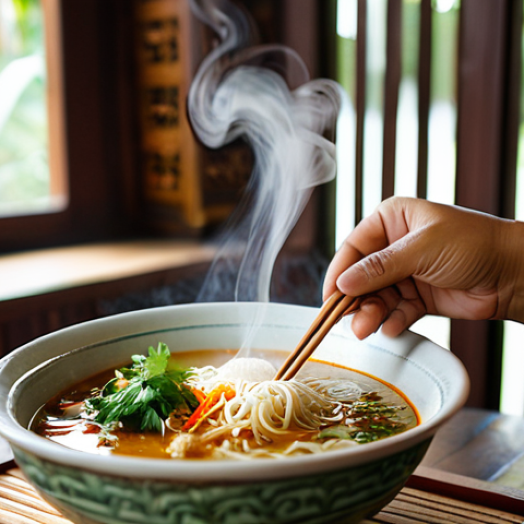 A professional Thai food blogger, fully clothed in appropriate attire, gently lifting a steaming spoonful of traditional Thai noodle soup from a ceramic bowl, showcasing the rich ingredients and a rising wisp of steam. The scene is set on a rustic wooden table by a large window, bathed in soft, natural daylight. The background is a blurred, cozy, traditional Thai restaurant interior. The focus is on the delicious texture and inviting warmth of the dish. safe for work, appropriate content, fully clothed, modest clothing, family-friendly, perfect anatomy, correct proportions, natural pose, well-formed hands, proper finger count, natural body proportions, professional food photography, high quality.
