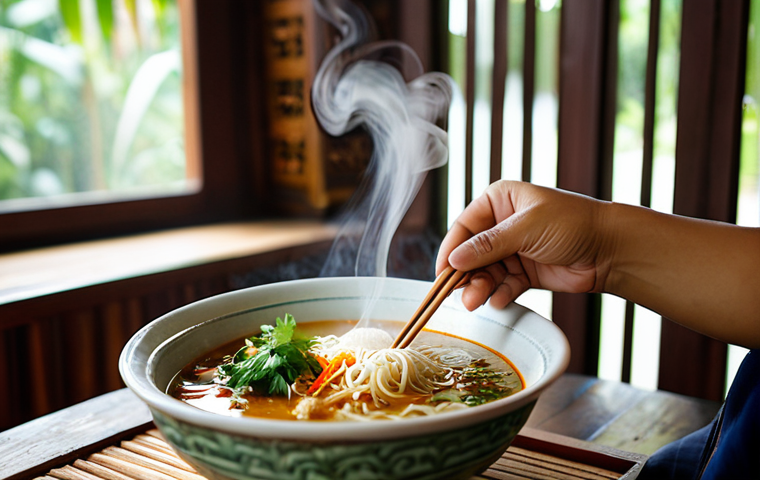 A professional Thai food blogger, fully clothed in appropriate attire, gently lifting a steaming spoonful of traditional Thai noodle soup from a ceramic bowl, showcasing the rich ingredients and a rising wisp of steam. The scene is set on a rustic wooden table by a large window, bathed in soft, natural daylight. The background is a blurred, cozy, traditional Thai restaurant interior. The focus is on the delicious texture and inviting warmth of the dish. safe for work, appropriate content, fully clothed, modest clothing, family-friendly, perfect anatomy, correct proportions, natural pose, well-formed hands, proper finger count, natural body proportions, professional food photography, high quality.
