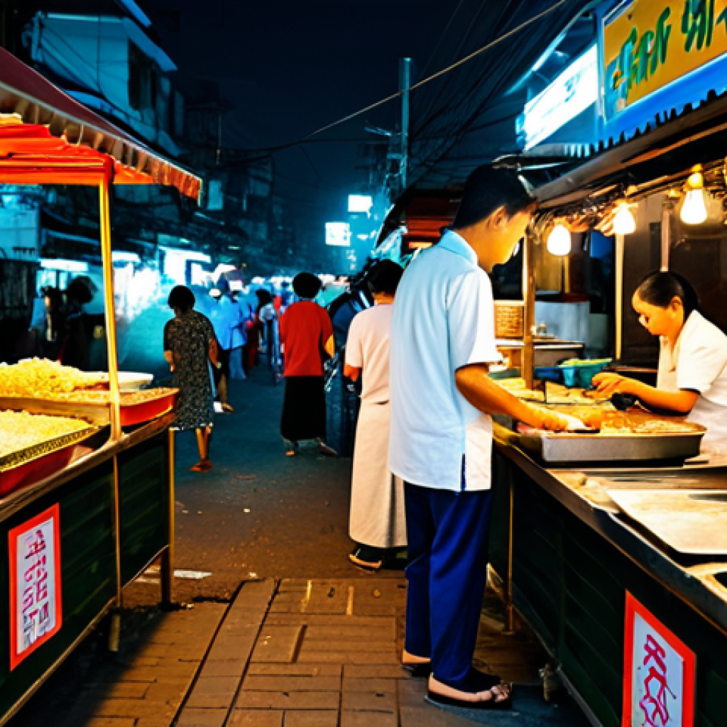 Street Food Stall**
A bustling Thai street food stall at night, vendors preparing Pad Thai, fully clothed, modest clothing, appropriate attire, safe for work, perfect anatomy, natural proportions, professional photography, high quality, family-friendly. The scene should have vibrant colors and a lively atmosphere, capturing the essence of Thai street food culture.
**