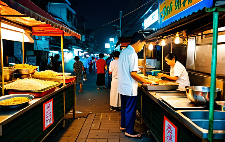 Street Food Stall**
A bustling Thai street food stall at night, vendors preparing Pad Thai, fully clothed, modest clothing, appropriate attire, safe for work, perfect anatomy, natural proportions, professional photography, high quality, family-friendly. The scene should have vibrant colors and a lively atmosphere, capturing the essence of Thai street food culture.
**