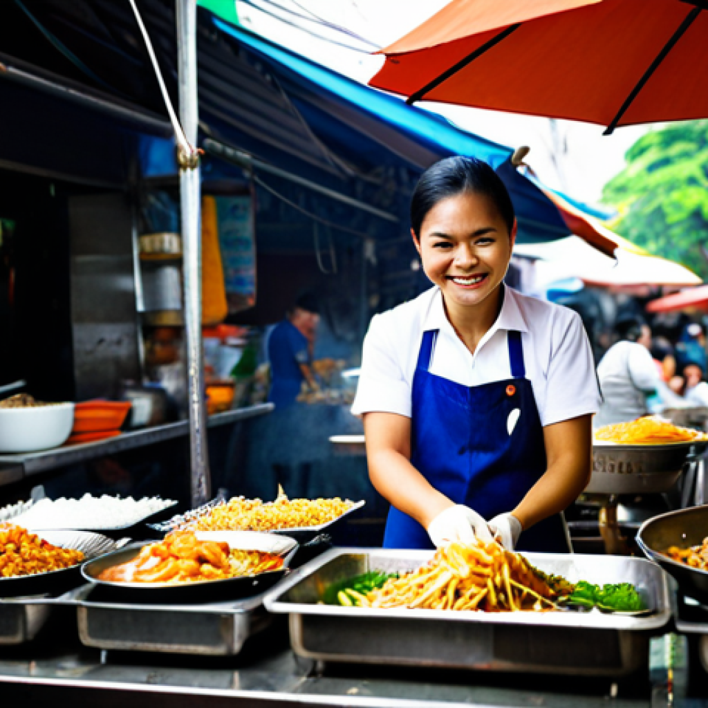 여행 중의 기억에 남는 식사 경험 - **Subject:** A vibrant scene of a Thai street food vendor preparing Pad Thai.
**Details:** The v...