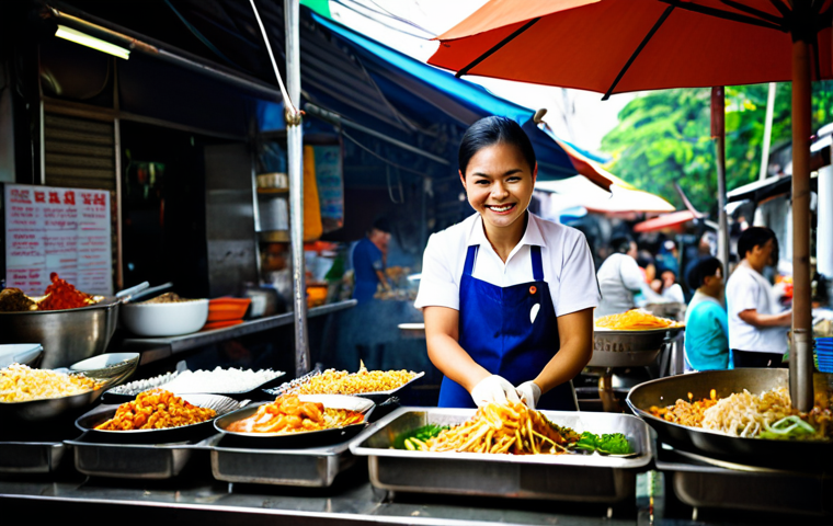 여행 중의 기억에 남는 식사 경험 - **Subject:** A vibrant scene of a Thai street food vendor preparing Pad Thai.
**Details:** The v...