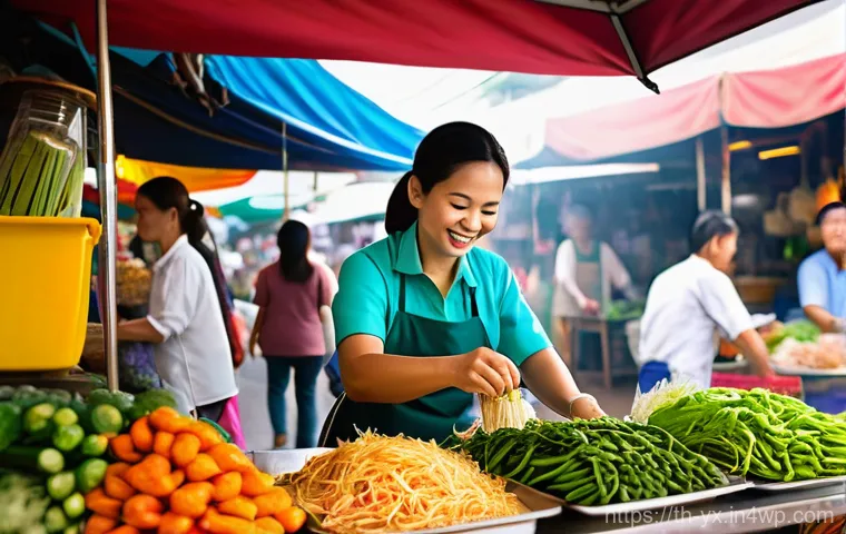 특별한 음식을 찾는 방법 - **Prompt:** A vibrant, bustling Thai fresh market scene. The foreground features a friendly female s...