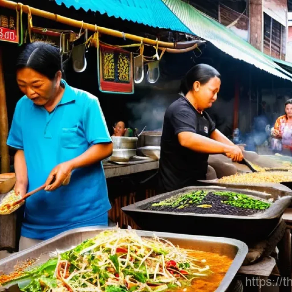 여행 후의 음식 블로그 작성하기 - **Vibrant Thai Street Food Market at Dusk**
A bustling and authentic Thai street food market sce...