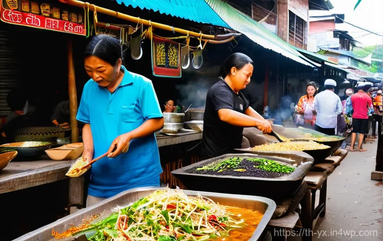 여행 후의 음식 블로그 작성하기 - **Vibrant Thai Street Food Market at Dusk**
    A bustling and authentic Thai street food market sce...