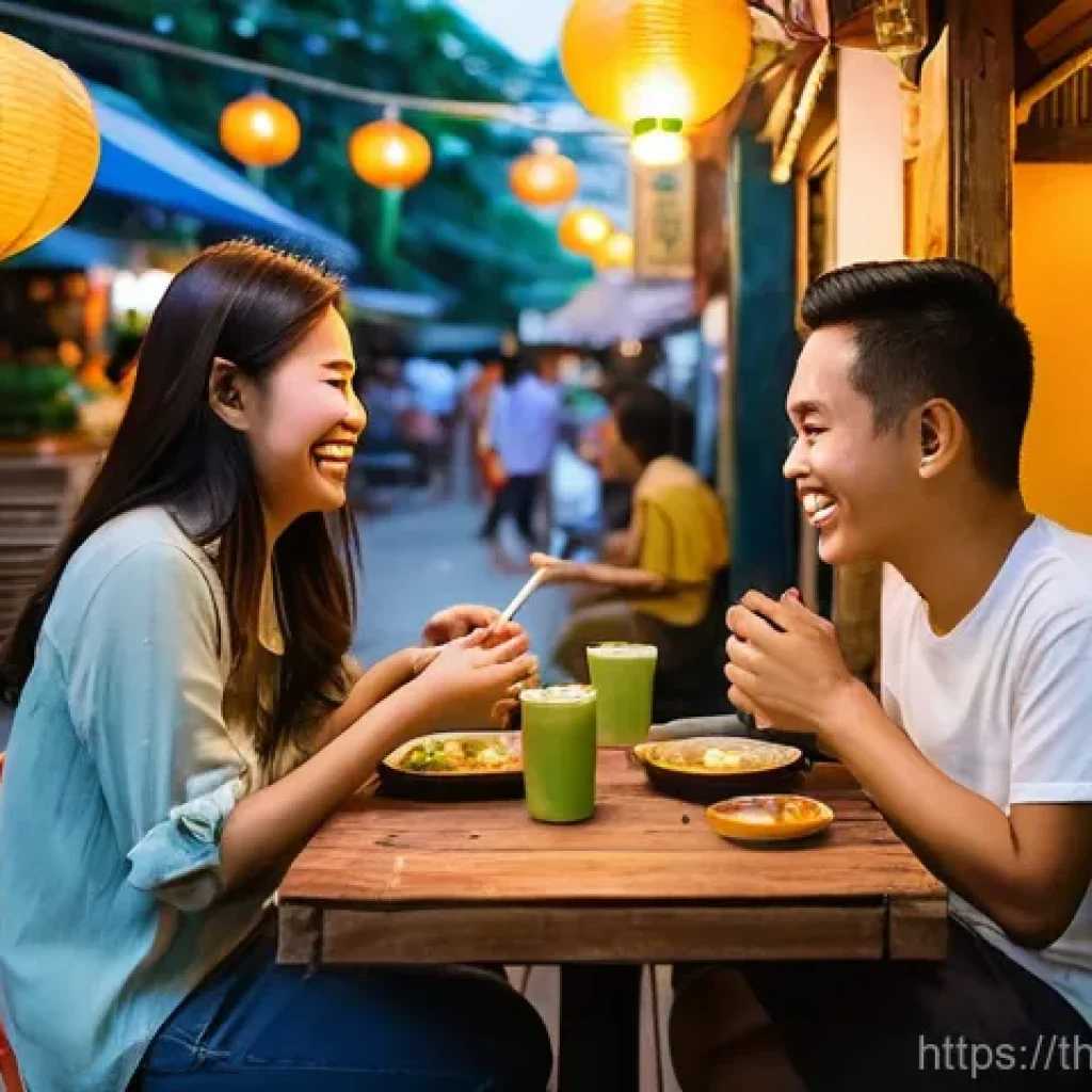 식도락 여행 중 새로운 친구 만들기 - **Prompt:** A vibrant and warm scene inside a bustling, open-air Thai street food eatery in Bangkok,...