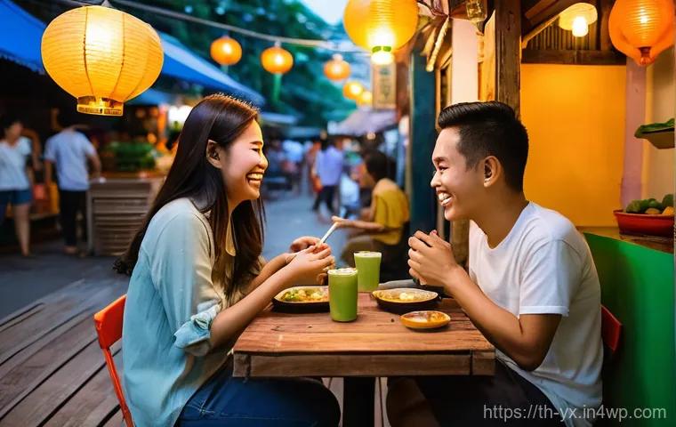 식도락 여행 중 새로운 친구 만들기 - **Prompt:** A vibrant and warm scene inside a bustling, open-air Thai street food eatery in Bangkok,...