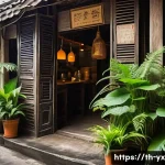 맛집 탐방을 통한 새로운 발견 - **Prompt:** A cozy, hidden Thai restaurant facade nestled in a narrow, green alleyway in a bustling ...