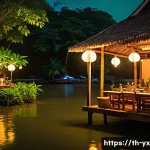 여행 중의 특별한 저녁식사 계획하기 - A cozy, authentic Thai riverside restaurant at dusk, warmly lit with traditional lanterns and fairy ...