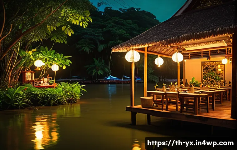 여행 중의 특별한 저녁식사 계획하기 - A cozy, authentic Thai riverside restaurant at dusk, warmly lit with traditional lanterns and fairy ...