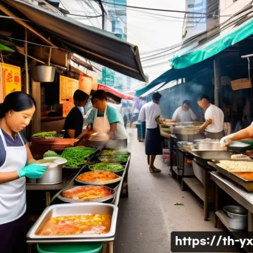 여행하면서 건강한 음식 선택하기 - A bustling Thai street food market scene during daytime, showing a clean and popular food stall with...