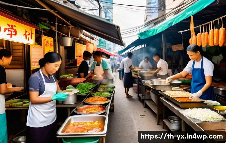 여행하면서 건강한 음식 선택하기 - A bustling Thai street food market scene during daytime, showing a clean and popular food stall with...