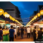 여행 후의 식도락 여행 총평 - A vibrant Bangkok night food market scene with colorful string lights illuminating rows of tidy food...