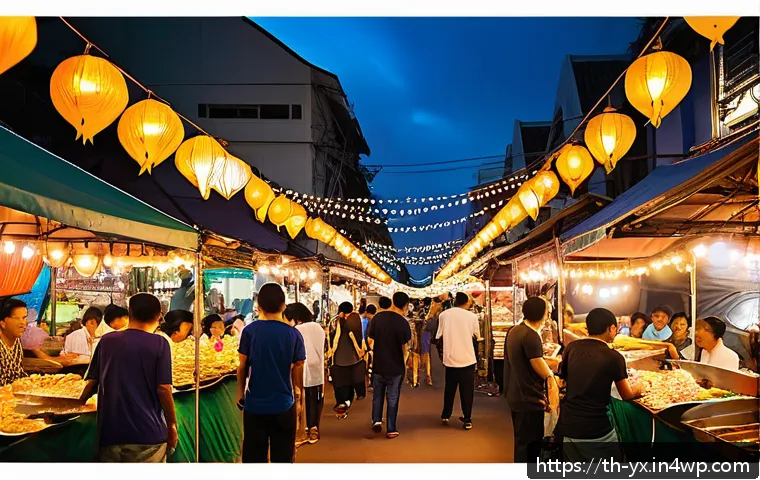 여행 후의 식도락 여행 총평 - A vibrant Bangkok night food market scene with colorful string lights illuminating rows of tidy food...