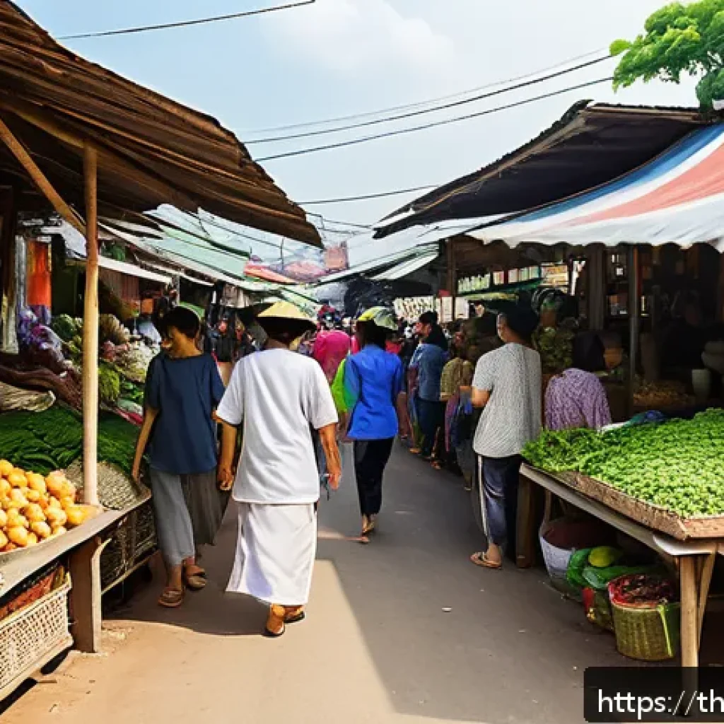 전통 음식 관련 여행지 탐방 - A vibrant traditional Thai local market scene during daytime, bustling with friendly vendors and loc...
