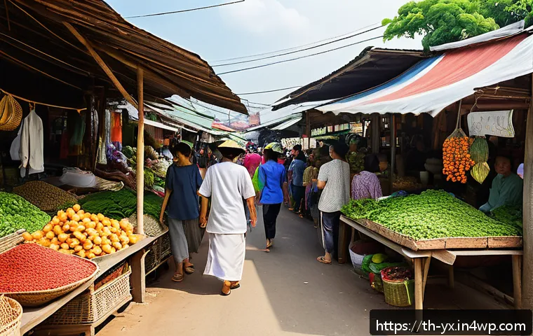 전통 음식 관련 여행지 탐방 - A vibrant traditional Thai local market scene during daytime, bustling with friendly vendors and loc...