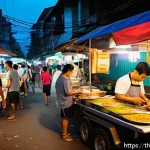 음식 테마 여행을 위한 다양한 아이디어 - A vibrant Bangkok street food scene at dusk featuring a bustling street market with colorful food ca...