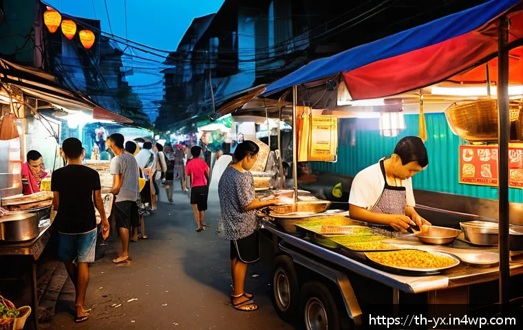 음식 테마 여행을 위한 다양한 아이디어 - A vibrant Bangkok street food scene at dusk featuring a bustling street market with colorful food ca...