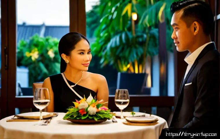 특별한 식사 경험을 위한 예약 팁 - Photorealistic elegant Thai fine-dining restaurant reservation scene, a well-dressed Thai couple sea...