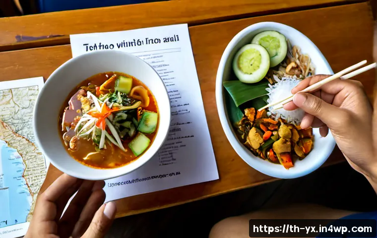 Home 17 여행 후기를 통한 식도락 여행 팁 - Photorealistic Thai food travel planning scene, an adult Thai traveler at a clean wooden café table ...