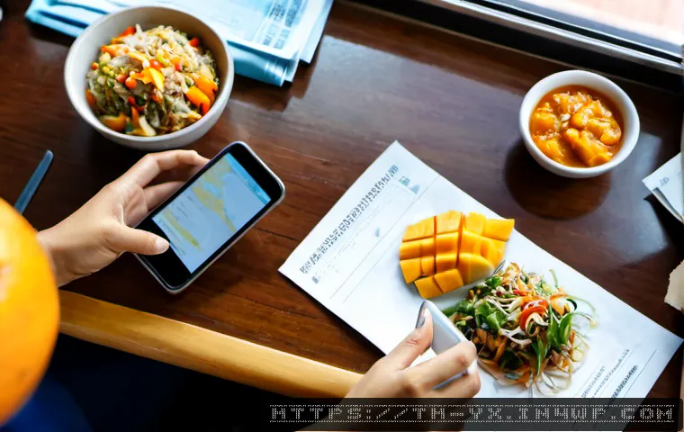 식도락 여행의 시작  여행 목적 설정하기 - Photorealistic overhead travel-planning scene for a Thai food-focused journey, an adult traveler’s h...