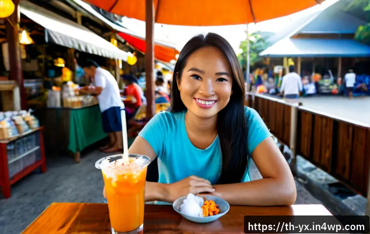 Home 17 여행 중의 현지 음료 즐기기 - Photorealistic travel lifestyle scene in a Thai street market, a cheerful adult traveler seated at a...