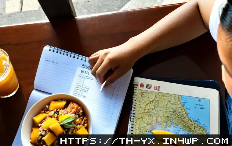 Home 17 친구와 함께하는 식도락 여행 계획 세우기 - Photorealistic overhead scene of two Thai friends planning a food-focused weekend trip at a bright w...